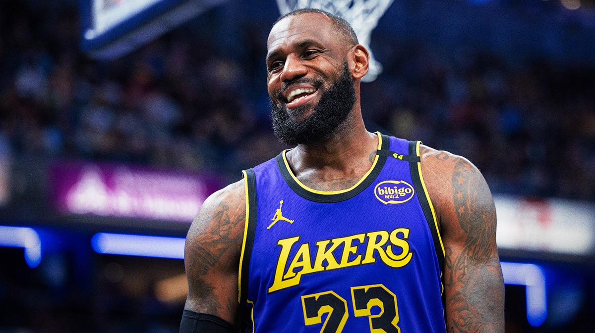 Los Angeles Lakers forward LeBron James (23) reacts in the second half against the Indiana Pacers at Gainbridge Fieldhouse.