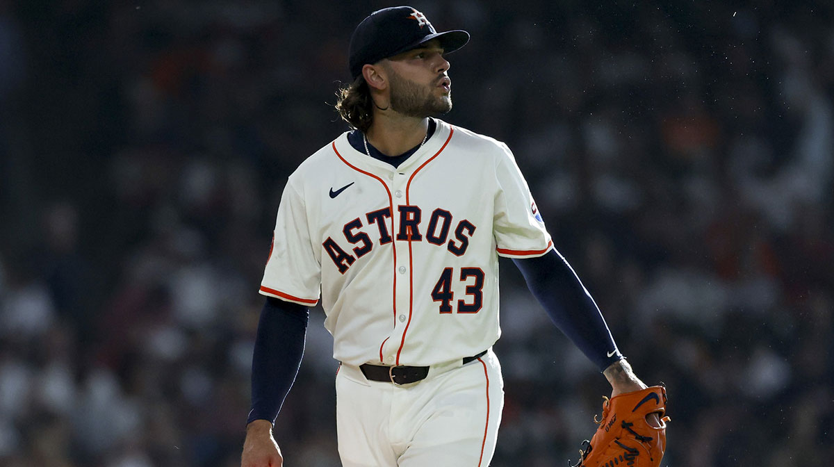 Houston Astros starting pitcher Lance McCullers Jr. (43) reacts after a pitch during the first inning against the Cincinnati Reds at Daikin Park.