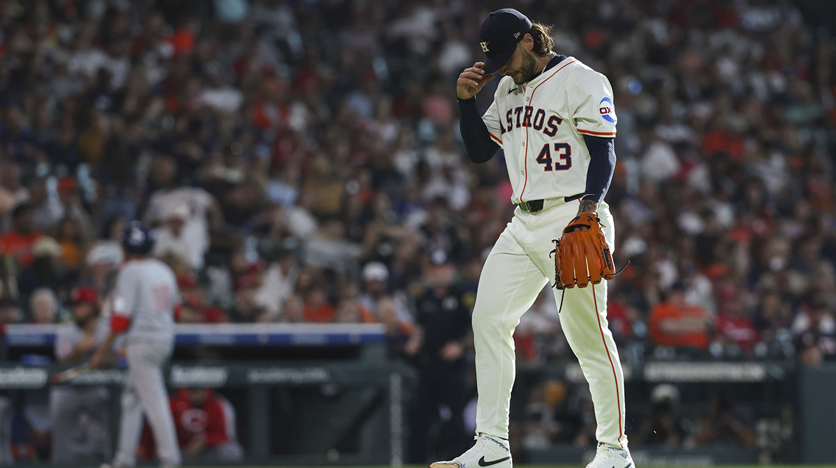 Houston Astros starting pitcher Lance McCullers Jr. (43) walks off the mound after a pitching change during the first inning against the Cincinnati Reds at Daikin Park.