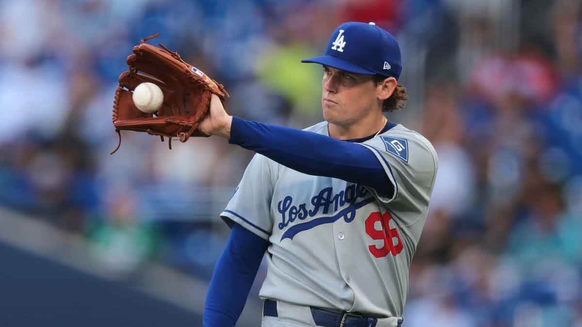Los Angeles Dodgers starting pitcher Landon Knack (96) looks on against the Miami Marlins during the first inning at loanDepot Park.