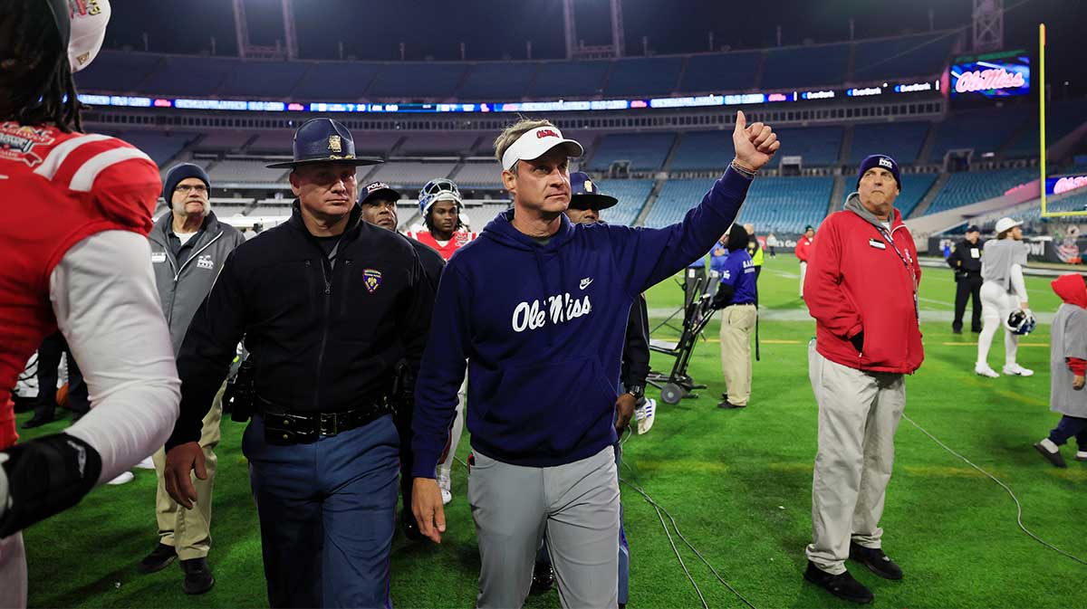 Mississippi Rebels head coach Lane Kiffin gives a thumbs up while walking off the field after the game of the TaxSlayer Gator Bowl Thursday, Jan. 2, 2025 at EverBank Stadium in Jacksonville, Fla. Ole Miss defeated Duke 52-20. [Corey Perrine/Florida Times-Union]