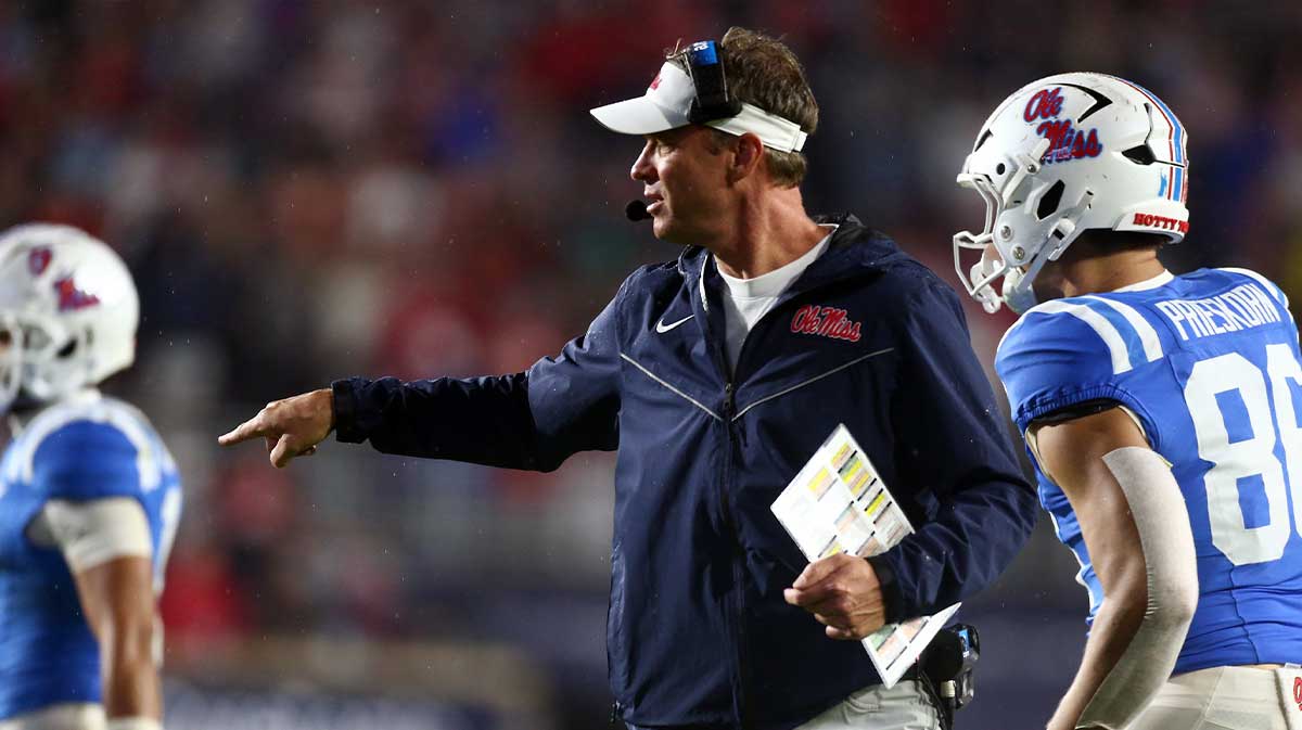 Mississippi Rebels head coach Lane Kiffin reacts during the second half against the Georgia Bulldogs at Vaught-Hemingway Stadium. Mandatory Credit: Petre Thomas-Imagn Images