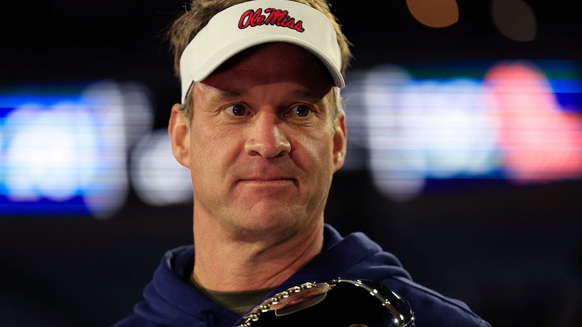Mississippi Rebels head coach Lane Kiffin is interviewed after the game while holding the Ash Verlander Champions Trophy of the TaxSlayer Gator Bowl Thursday, Jan. 2, 2025 at EverBank Stadium in Jacksonville, Fla. Ole Miss defeated Duke 52-20. Mandatory Credit: Corey Perrine/Florida Times-Union
