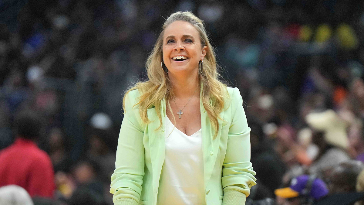 Las Vegas Aces coach Becky Hammon reacts against the LA Sparks in the second half at Crypto.com Arena.