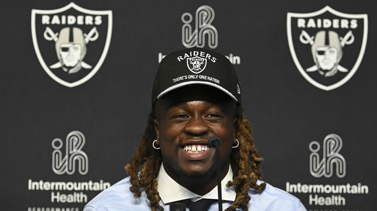 Las Vegas Raiders first round draft pick in the 2025 NFL Draft Ashton Jeanty, speaks to the media at Intermountain Health Performance Center.