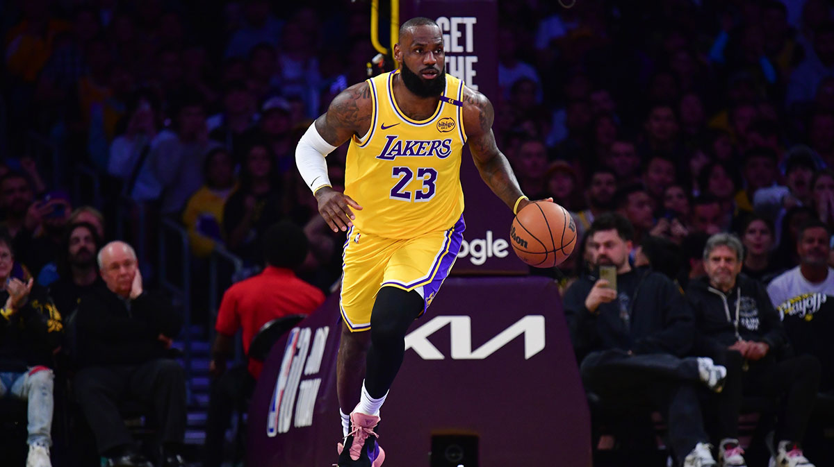 Los Angeles Lakers forward LeBron James (23) brings the ball up court against the Minnesota Timberwolves during the first half in game five of first round for the 2025 NBA Playoffs at Crypto.com Arena.