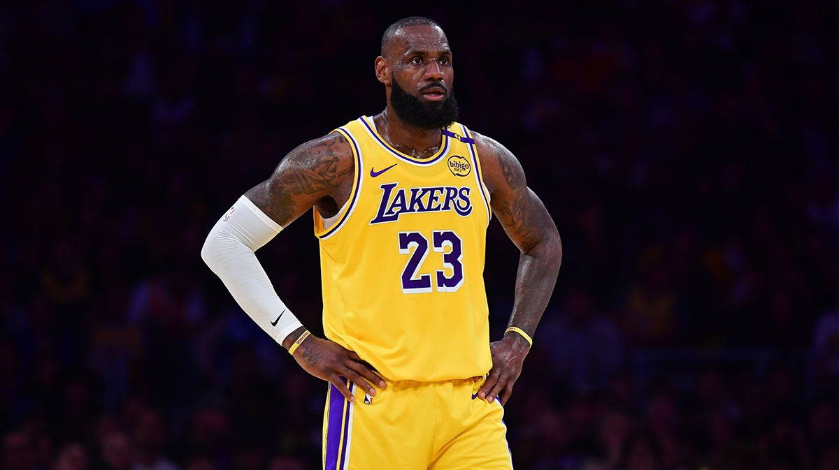 Los Angeles Lakers forward LeBron James (23) reacts during the first half in game five of first round for the 2025 NBA Playoffs at Crypto.com Arena.