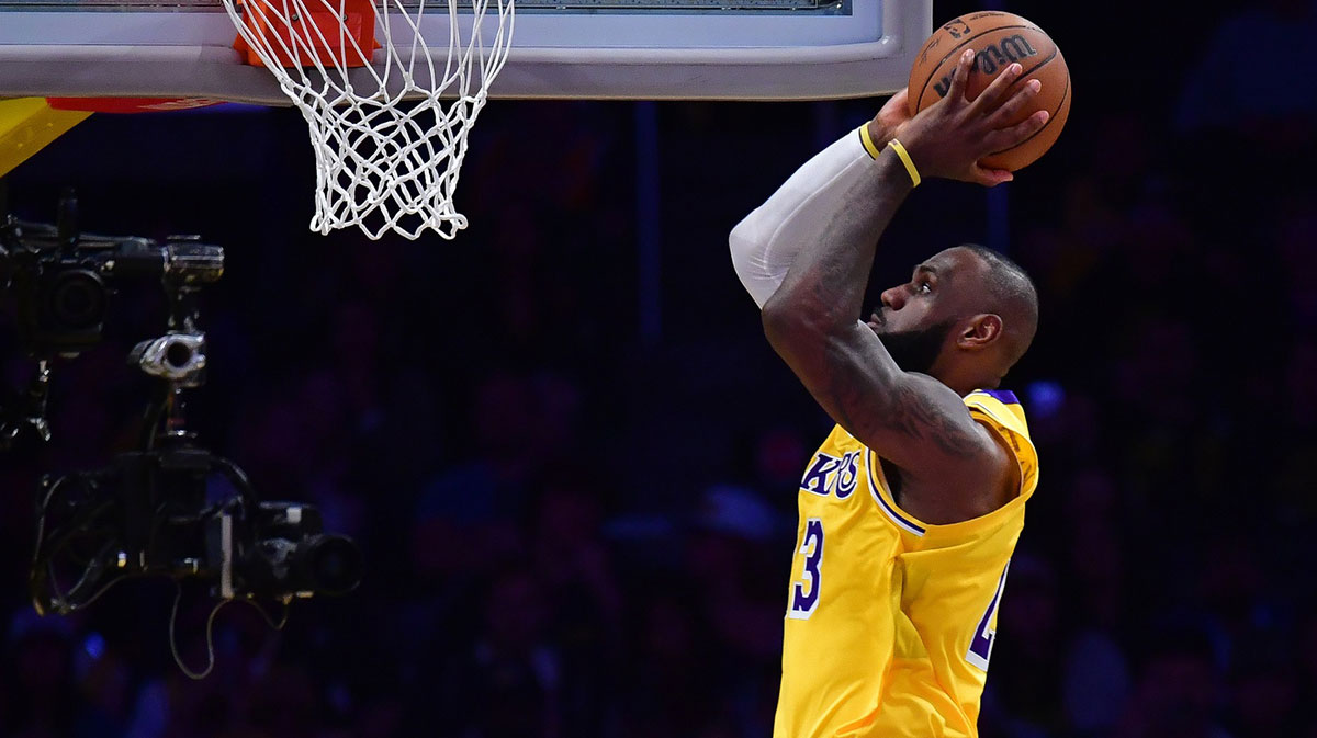 Los Angeles Lakers forward LeBron James (23) moves in for the dunk against the Minnesota Timberwolves during the second half in game five of first round for the 2025 NBA Playoffs at Crypto.com Arena.