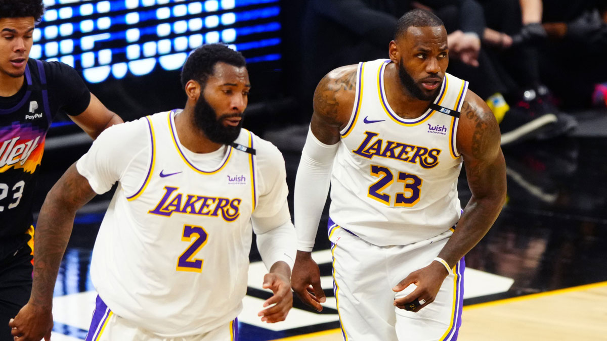 Los Angeles Lakers forward LeBron James (23) and center Andre Drummond (2) against the Phoenix Suns during game one in the first round of the 2021 NBA Playoffs. at Phoenix Suns Arena.