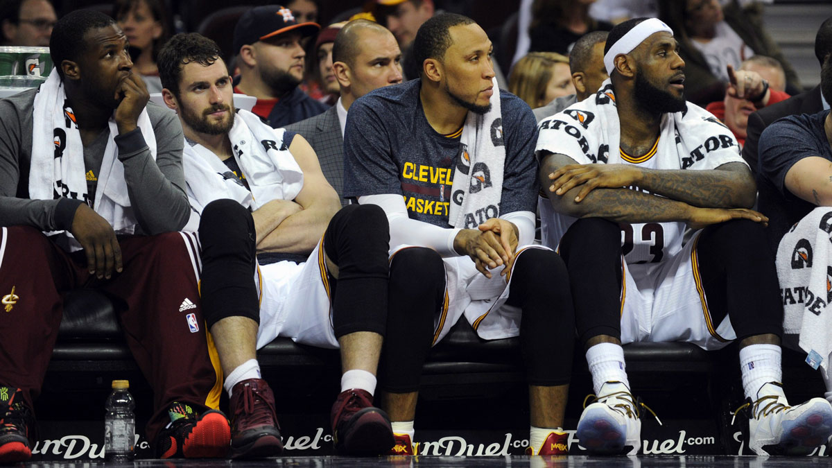 Cleveland Cavaliers guard Dion Waiters (3) and Cleveland Cavaliers forward Kevin Love (0) and Cleveland Cavaliers forward Shawn Marion (31) and Cleveland Cavaliers forward LeBron James (23) sit on the bench during the fourth quarter against the Detroit Pistons at Quicken Loans Arena. The Pistons won 103-80.