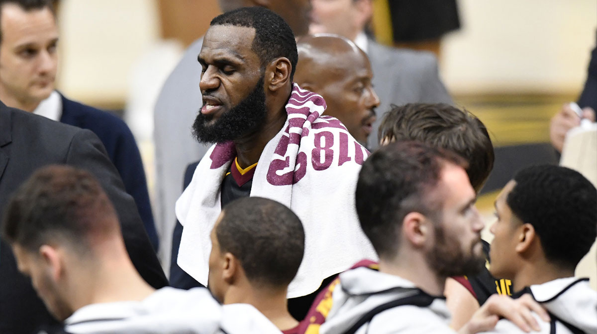 Cleveland Cavaliers forward LeBron James (23) reacts after leaving the game during the fourth quarter in game four of the 2018 NBA Finals against the Golden State Warriors at Quicken Loans Arena.