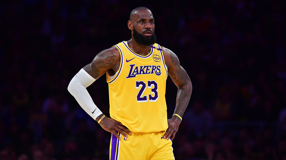 Los Angeles Lakers forward LeBron James (23) reacts during the first half in game five of first round for the 2025 NBA Playoffs at Crypto.com Arena.