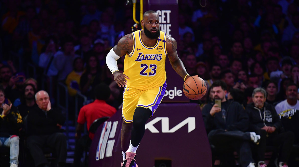 Los Angeles Lakers forward LeBron James (23) brings the ball up court against the Minnesota Timberwolves during the first half in game five of first round for the 2025 NBA Playoffs at Crypto.com Arena.