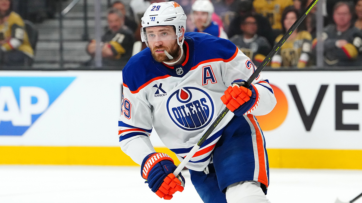 Edmonton Oilers center Leon Draisaitl (29) skates against the Vegas Golden Knights during the first period of game one of the second round of the 2025 Stanley Cup Playoffs at T-Mobile Arena.