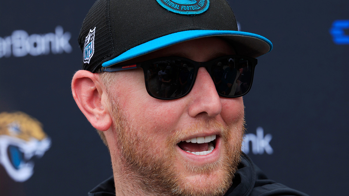 Jacksonville Jaguars head coach Liam Coen is interviewed by members of the media during a rookie minicamp at Miller Electric Center Saturday, May 10, 2025 in Jacksonville, Fla.