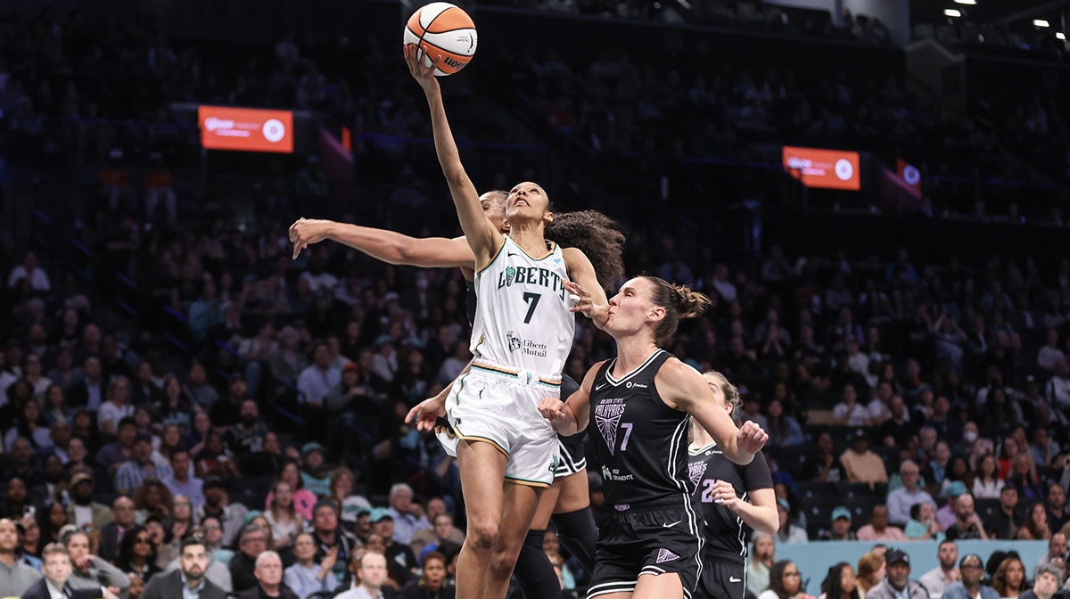 New York Liberty guard Rebekah Gardner (7) drives past Golden State Valkyries forward Stephanie Talbot (7) in the third quarter at Barclays Center.