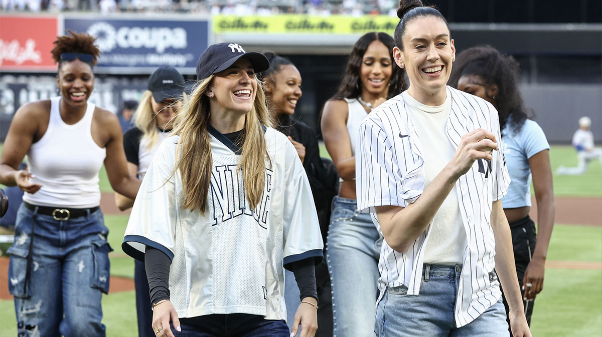 New York Liberty guard Sabrina Ionescu (l) and forward Breanna Stewart (r) prior to the game between the New York Mets and the New York Yankees at Yankee Stadium.