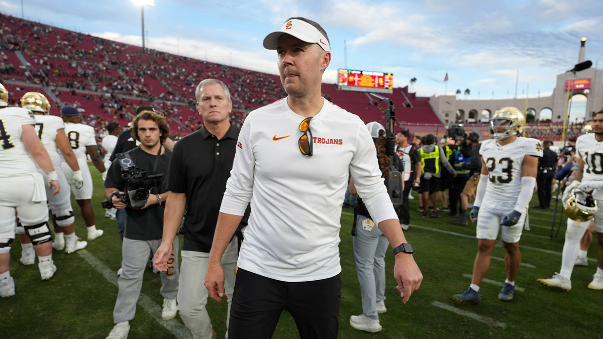 Southern California Trojans head coach Lincoln Riley leaves the field after the game against the Notre Dame Fighting Irish at United Airlines Field at Los Angeles Memorial Coliseum.