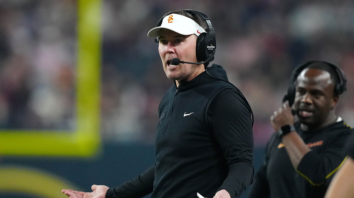Southern California Trojans head coach Lincoln Riley reacts against the Texas A&M Aggies in the first half at Allegiant Stadium.