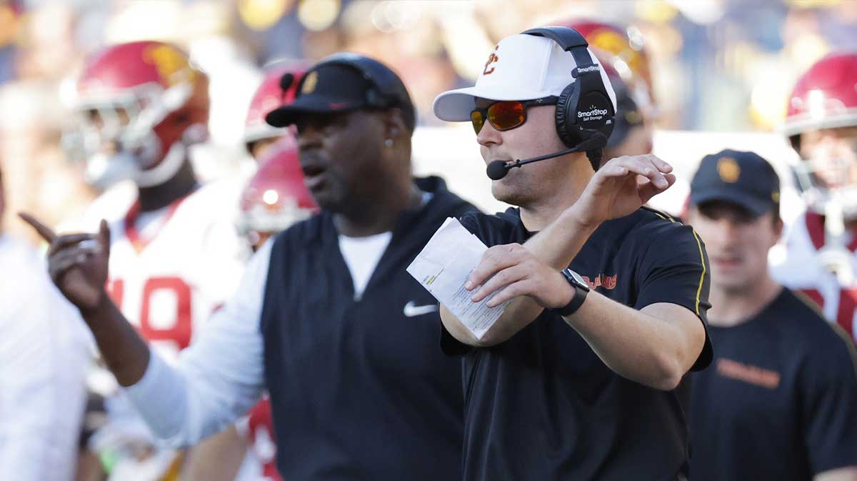 USC Trojans head coach Lincoln Riley on the sideline in the second half against the Michigan Wolverines at Michigan Stadium.