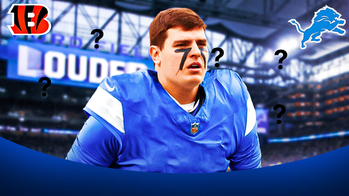 Trey Hendrickson in a Lions uniform. He is surrounded by question mark emojis. There are also logos for the Cincinnati Bengals and the Detroit Lions.