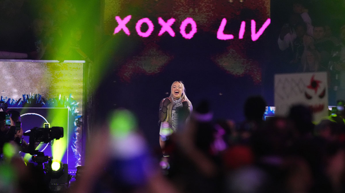 WWE Superstar Liv Morgan, who will have a role in the movie Bad Lieutenant: Tokyo, entering the Royal Rumble.