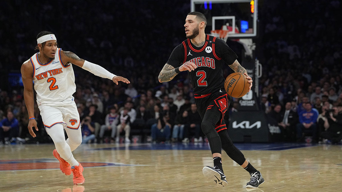 Chicago Bulls point guard Lonzo Ball (2) dribbles the ball against New York Knicks point guard Miles McBride (2) during the first half at Madison Square Garden.