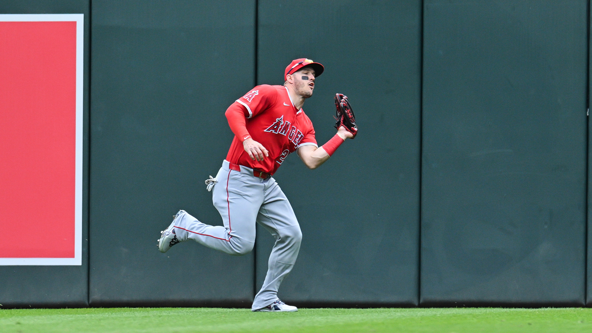 Los Angeles Angels outfielder Mike Trout (27) catches a fly ball off the bat of Minnesota Twins catcher Ryan Jeffers (not pictured) during the fourth inning at Target Field.