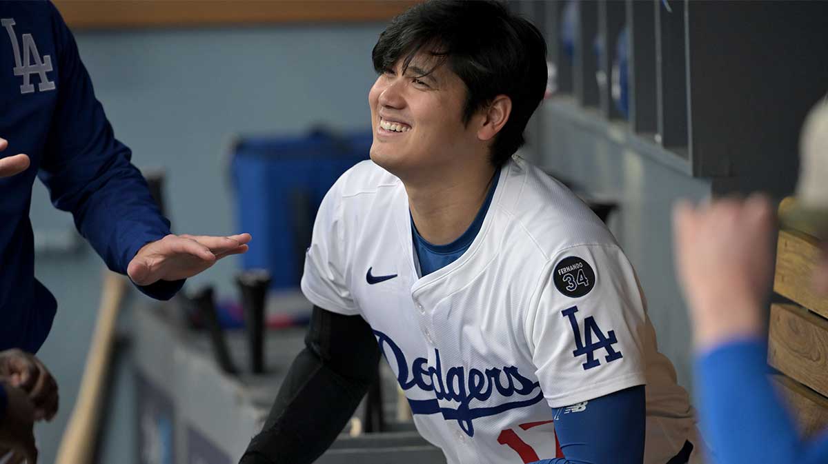 Los Angeles Dodgers designated hitter Shohei Ohtani (17) before a game against the Los Angeles Angels at Dodger Stadium.