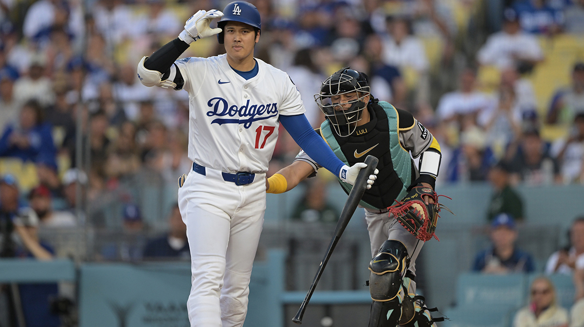Los Angeles Dodgers designated hitter Shohei Ohtani (17) strikes out during the first inning against the Arizona Diamondbacks at Dodger Stadium.