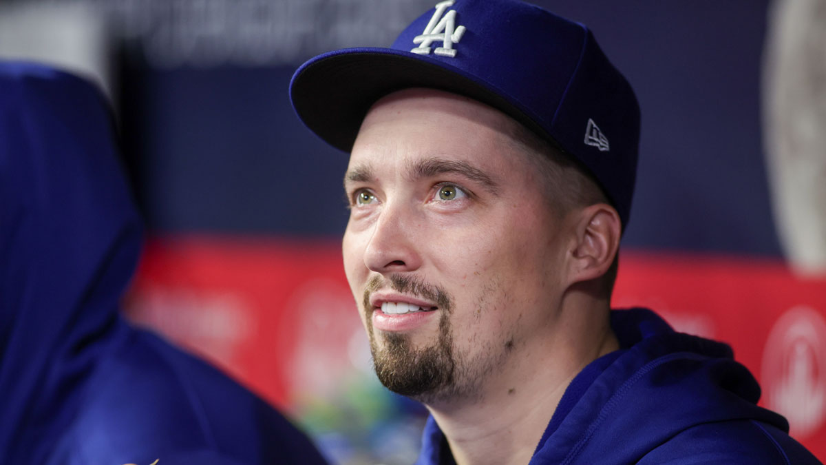 Los Angeles Dodgers starting pitcher Blake Snell (7) on the bench against the Atlanta Braves in the ninth inning at Truist Park.