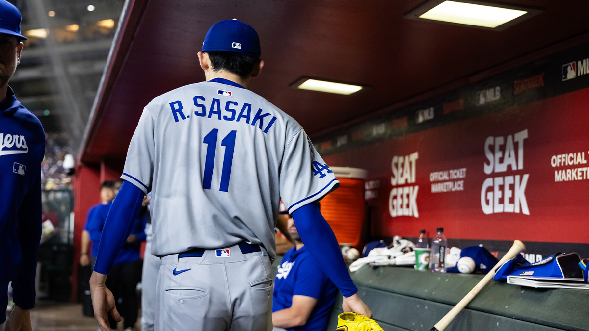 Detailed view of the jersey of Los Angeles Dodgers pitcher Roki Sasaki (11) as he leaves the game in the fifth inning against the Arizona Diamondbacks at Chase Field.