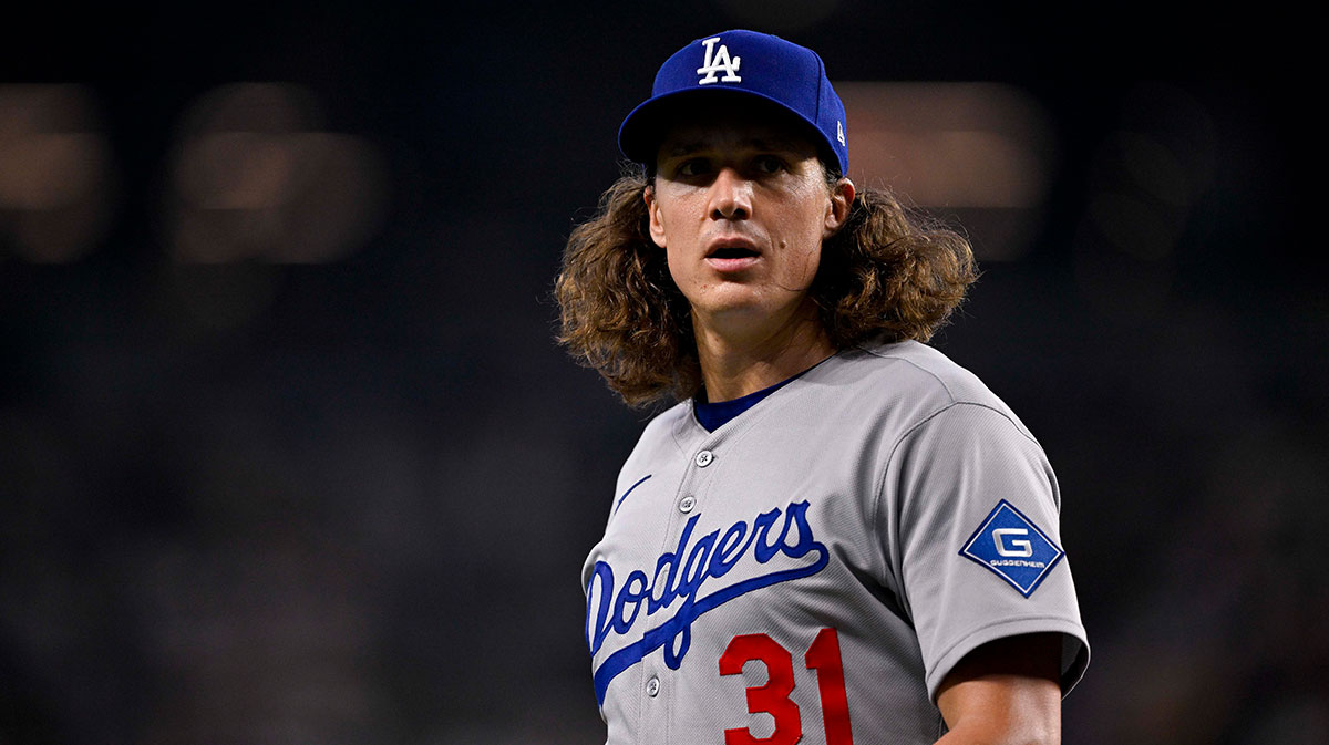 Los Angeles Dodgers starting pitcher Tyler Glasnow (31) comes off the field during the game between the Texas Rangers and the Los Angeles Dodgers at Globe Life Field.
