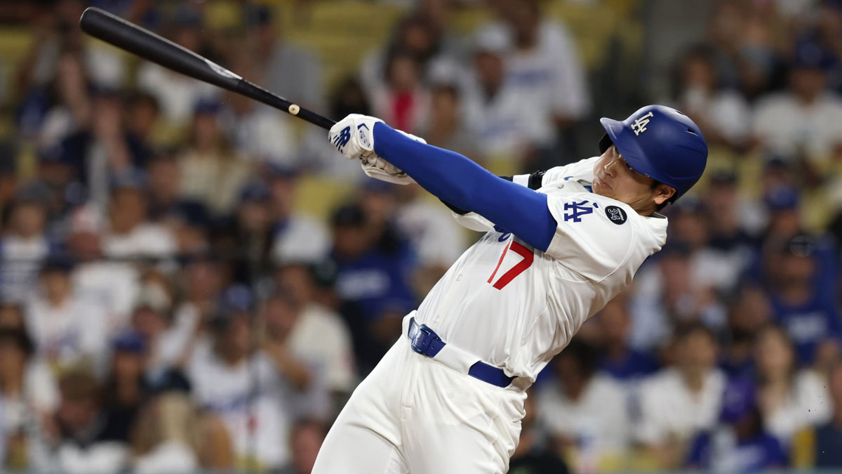 Los Angeles Dodgers designated hitter Shohei Ohtani (17) pops out during the eighth inning against the New York Yankees at Dodger Stadium.