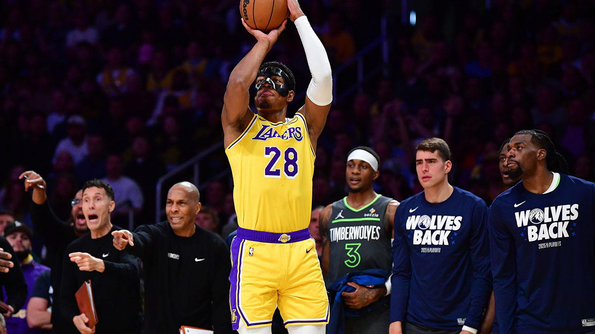 Los Angeles Lakers forward Rui Hachimura (28) shoots against the Minnesota Timberwolves during the first half in game five of first round for the 2025 NBA Playoffs at Crypto.com Arena.