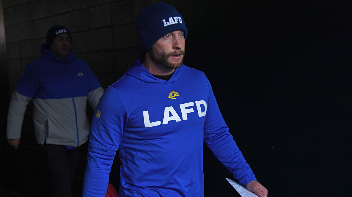 Los Angeles Rams head coach Sean McVay walks towards the field against the Philadelphia Eagles in a 2025 NFC divisional round game at Lincoln Financial Field.