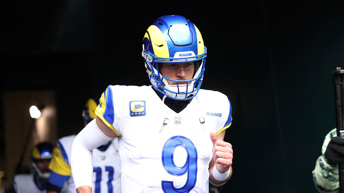 Los Angeles Rams quarterback Matthew Stafford (9) runs onto the field prior to the game against the Philadelphia Eagles in a 2025 NFC divisional round game at Lincoln Financial Field.
