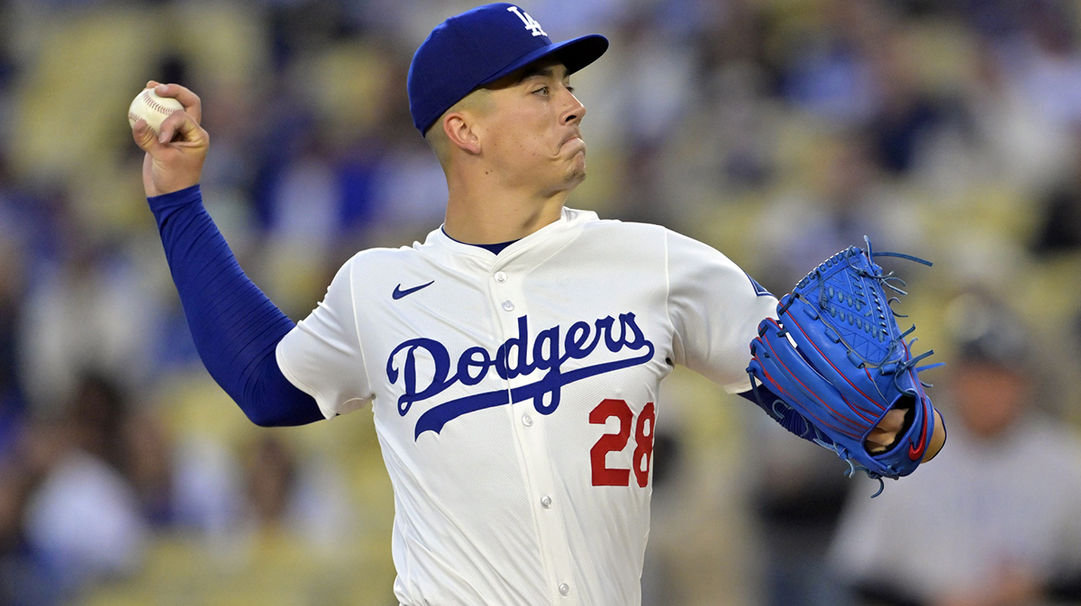 Apr 16, 2025; Los Angeles, California, USA; Los Angeles Dodgers pitcher Bobby Miller (28) pitches in the first inning against the Colorado Rockies at Dodger Stadium. Mandatory Credit: Jayne Kamin-Oncea-Imagn Images
