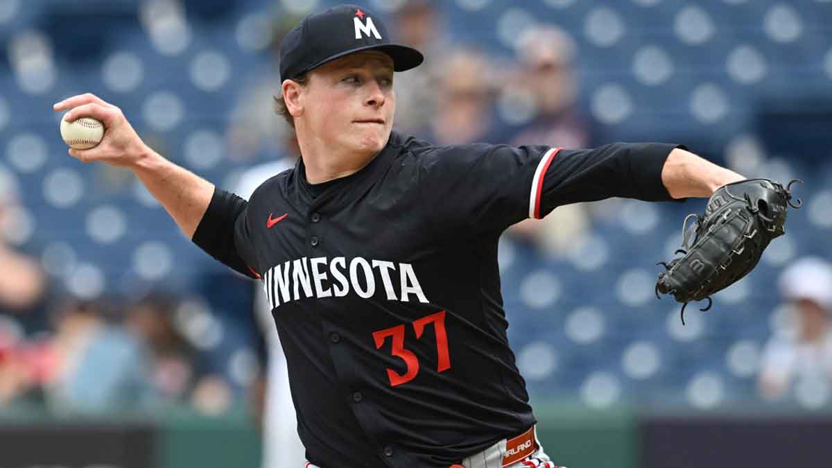 Minnesota Twins relief pitcher Louis Varland (37) throws a pitch during the seventh inning against the Cleveland Guardians at Progressive Field.