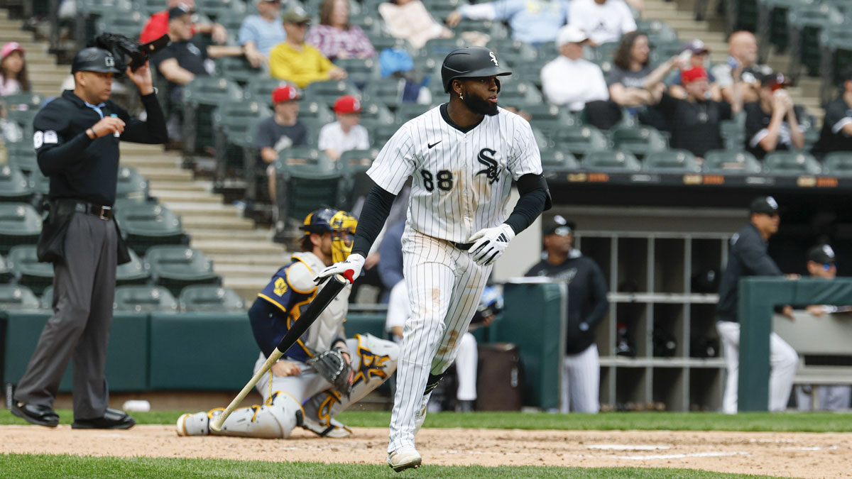 Chicago White Sox center fielder Luis Robert Jr. (88) watches his three-run double against the Milwaukee Brewers during the seventh inning at Rate Field