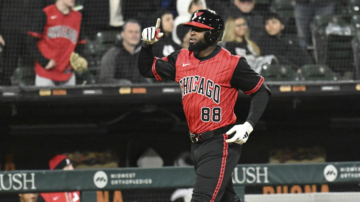 Chicago White Sox outfielder Luis Robert Jr. (88) points after hitting a home run against the Houston Astros during the fifth inning at Rate Field.