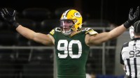 Green Bay Packers linebacker Lukas Van Ness (90) reacts against the Dallas Cowboys during the fourth quarter of their wild card playoff game Sunday, January 14, 2024 at AT&T Stadium in Arlington, Texas. Green Bay defeated Dallas 48-32.