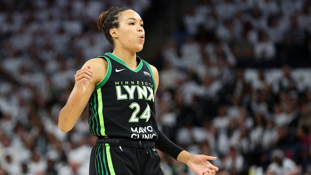 Minnesota Lynx forward Napheesa Collier (24) reacts to her missed shot against the New York Liberty during the first half of game four of the 2024 WNBA Finals at Target Center.
