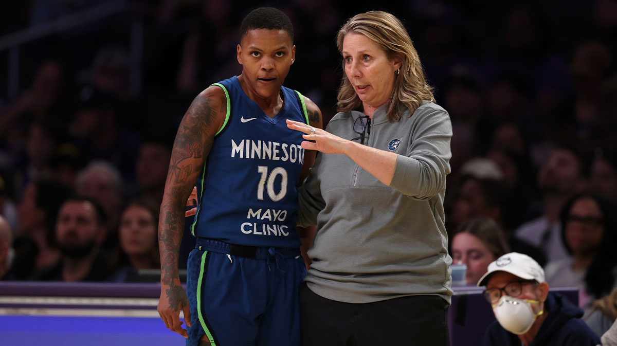 Minnesota Lynx guard Courtney Williams (10) speaks to head coach Cheryl Reeve during the first half against the Los Angeles Sparks at Crypto.com Arena.