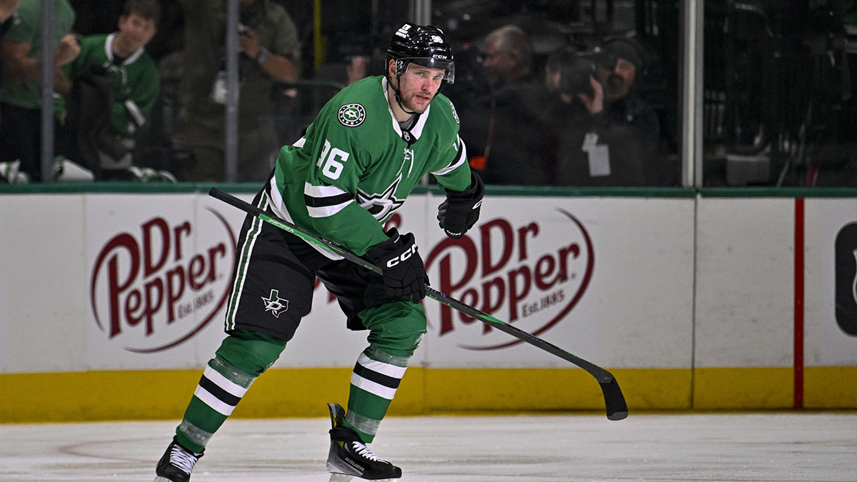 Dallas Stars right wing Mikko Rantanen (96) skates off the ice after he scores a goal during the game between the Dallas Stars and the Winnipeg Jets in game three of the second round of the 2025 Stanley Cup Playoffs at American Airlines Center.