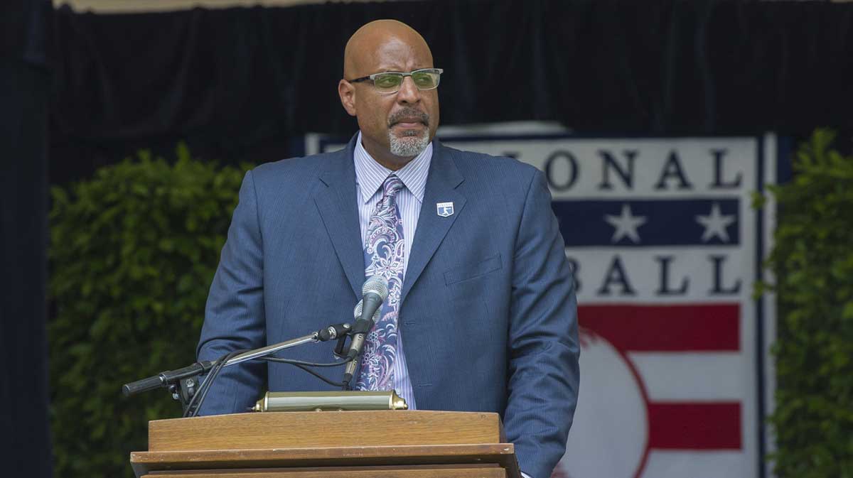 MLBPA Executive Director Tony Clark speaks in recognition of the work that Curt Flood did for players right during the Awards Presentation at National Baseball Hall of Fame.
