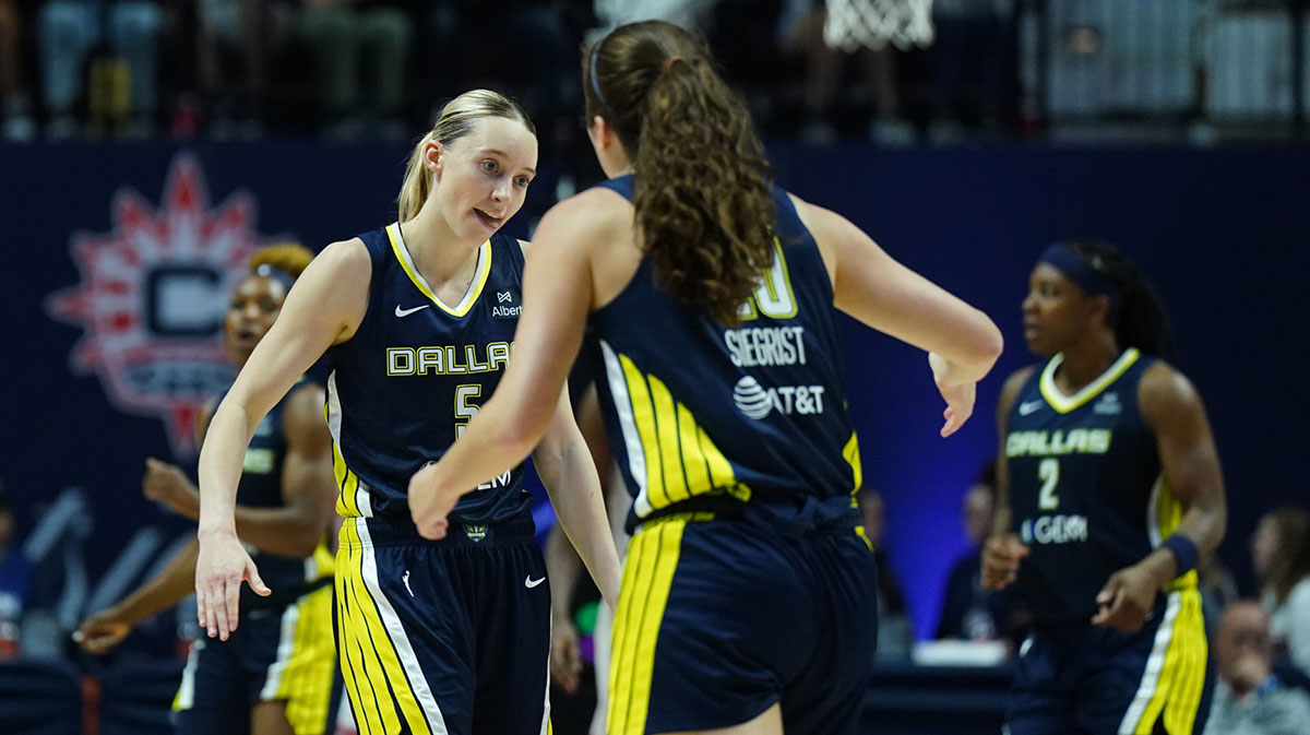 Dallas Wings guard Paige Bueckers (5) and forward Maddy Siegrist (20) react after a play against the Connecticut Sun in the second half at Mohegan Sun Arena.
