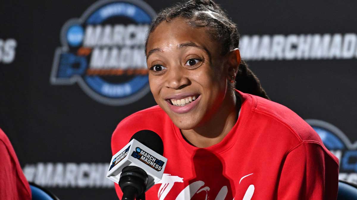 Ole Miss Rebels guard Madison Scott (24) talks with media during an NCAA Tournament practice session at Spokane Arena.