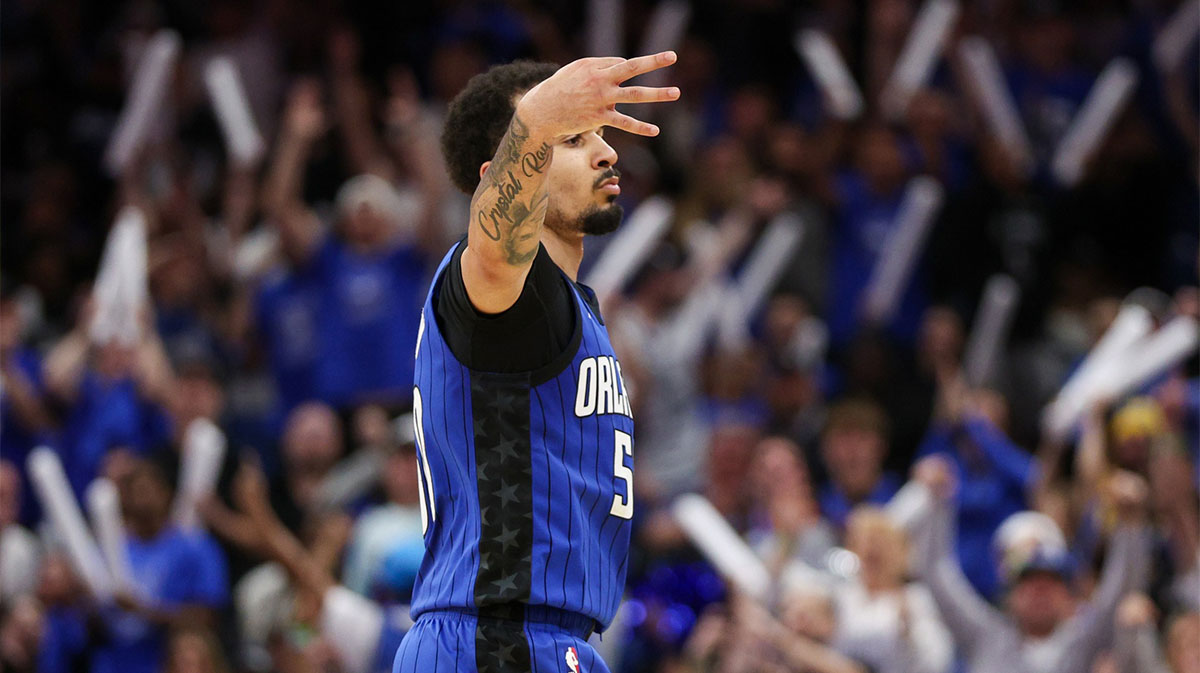 Apr 15, 2025; Orlando, Florida, USA; Orlando Magic guard Cole Anthony (50) reacts after making a there point shot against the Atlanta Hawks in the fourth quarter at Kia Center. Mandatory Credit: Nathan Ray Seebeck-Imagn Images
