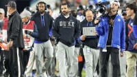 Duke Blue Devils head coach Manny Diaz looks on against the Mississippi Rebels in the second quarter during the Gator Bowl at EverBank Stadium.